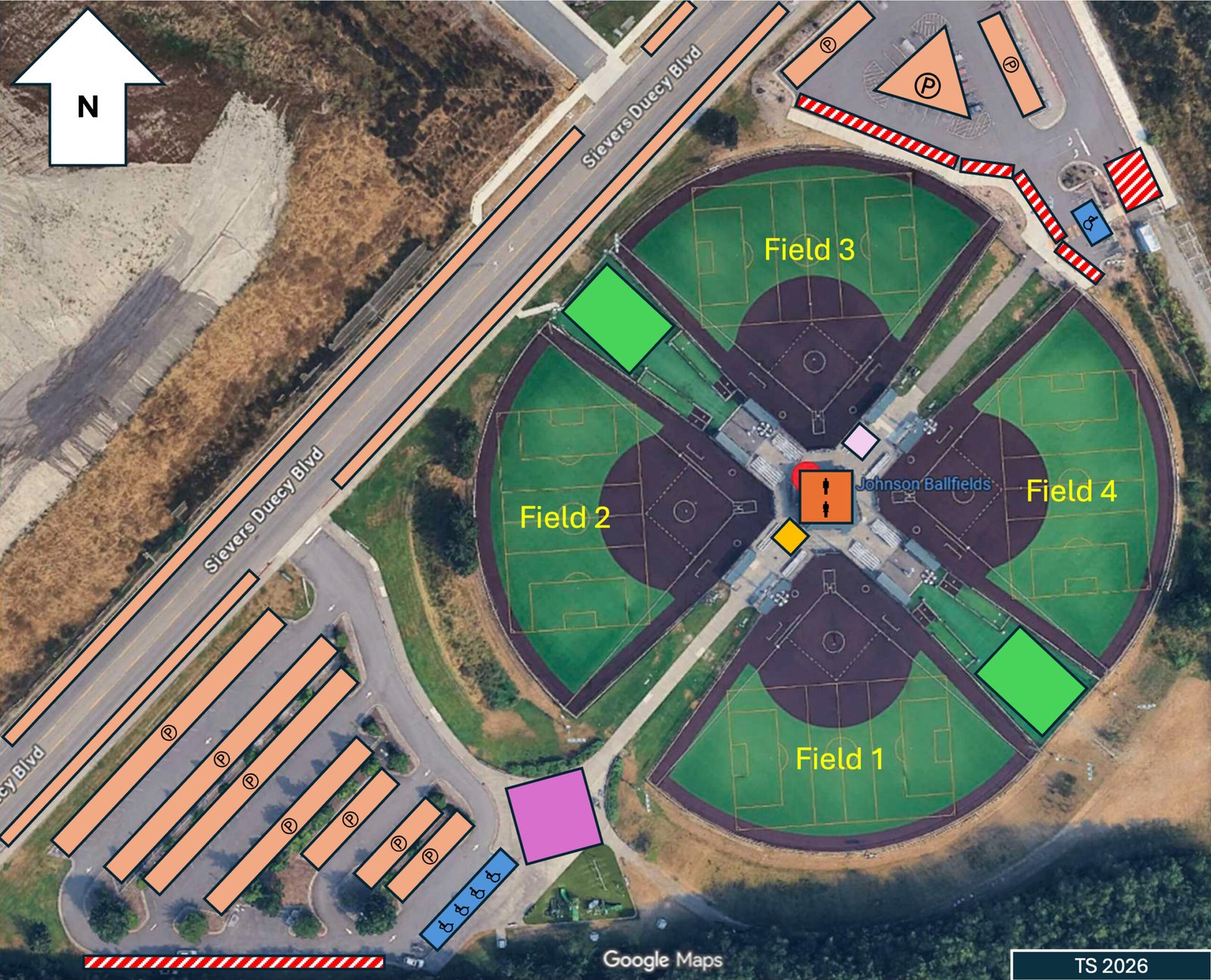 Phil Johnson Ballfields field map and parking layout for Turkey Shoot 2026
